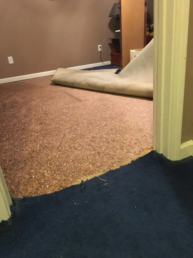 Carpet pad removal revealing water damage during Water Mitigation Services in Hudson